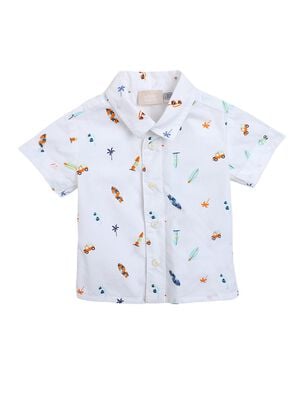 Boys White Printed Short Sleeve Woven Shirt